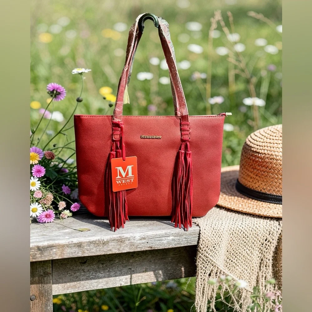 Montana West Red Tote Bag w/Front Tassels & Pebbled Faux Leather (NWT) - Picture 3 of 13